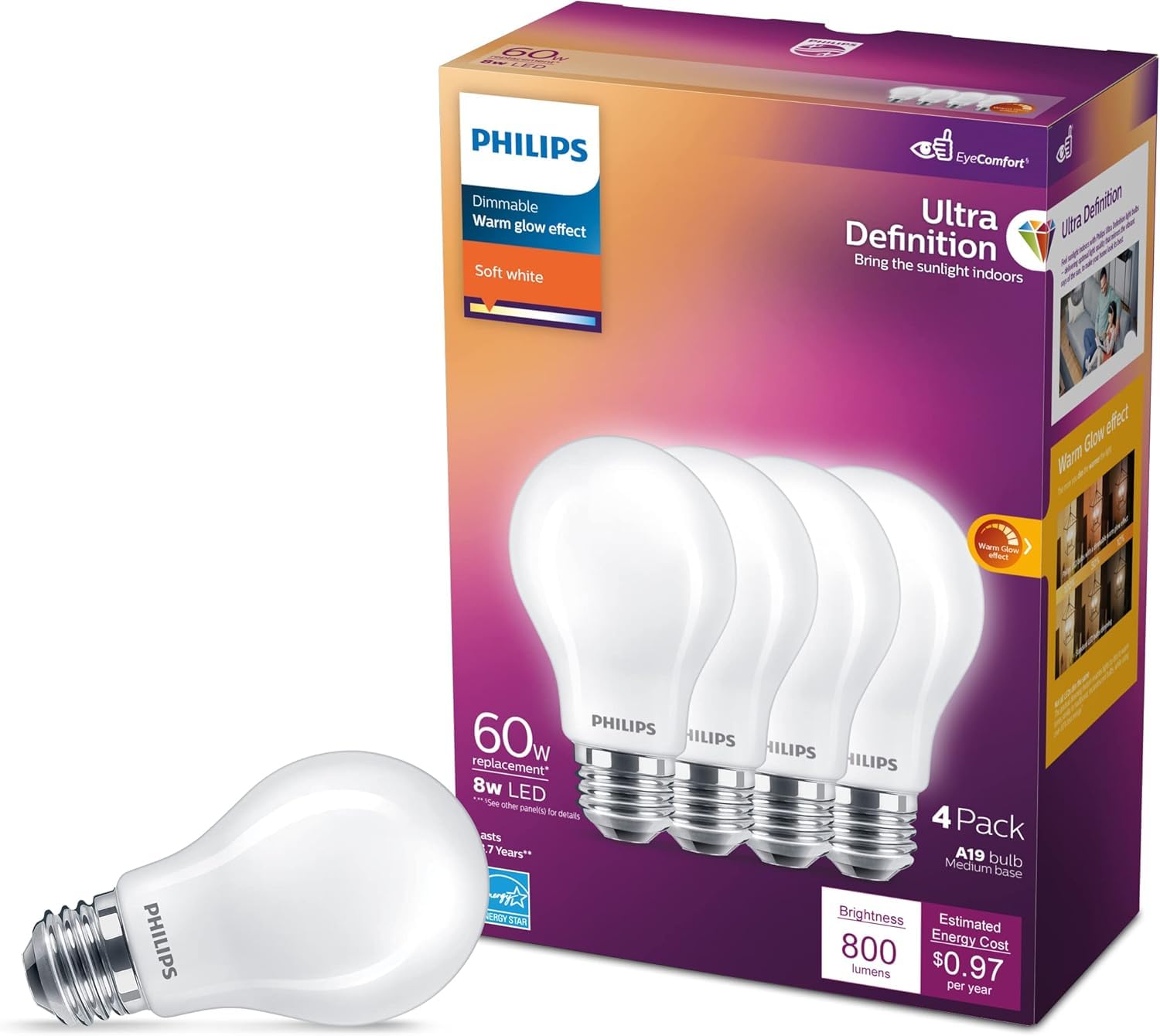 PHILIPS 60W A19 Ultra Definition LED Bulbs Soft White 2700K Dimmable 4-Pack