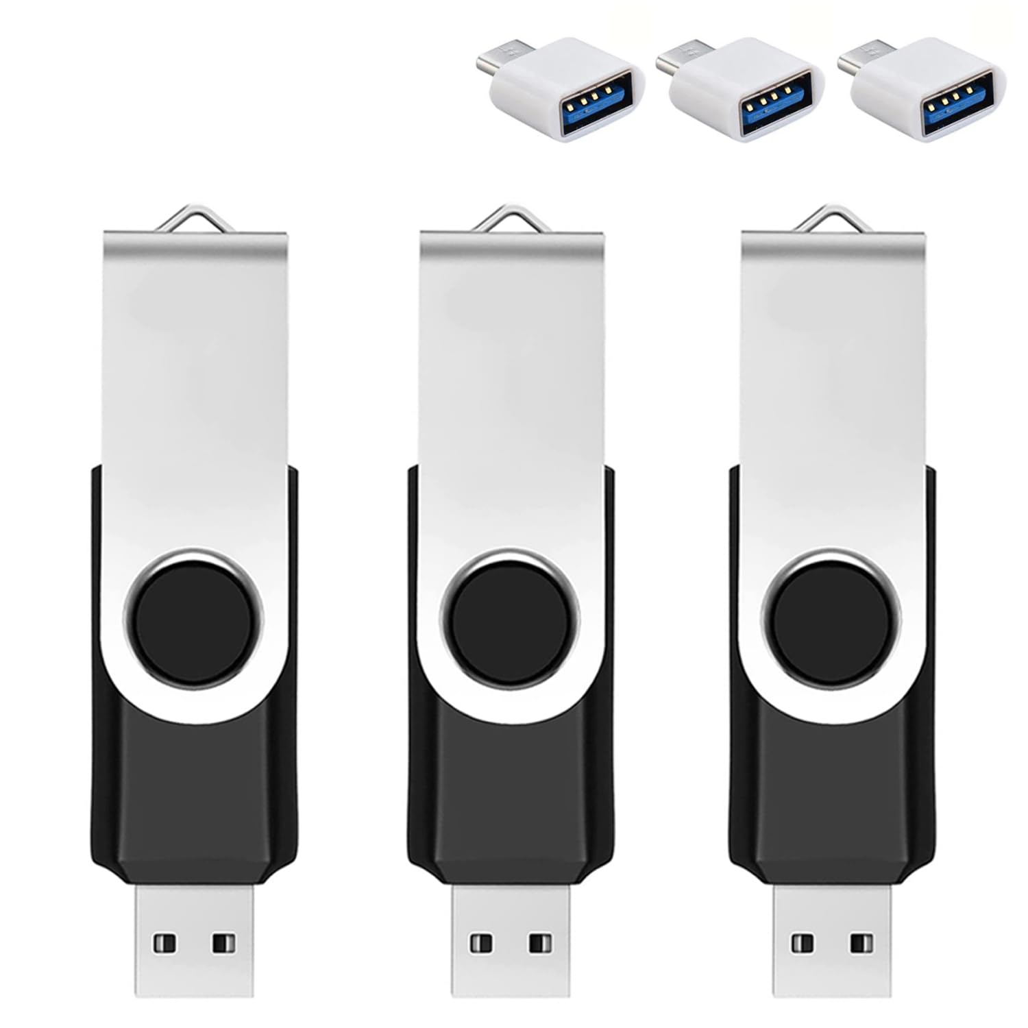 3-Pack 128GB USB Flash Drive with Type-C Adapter and Storage Box - Metal Swivel Jump Drive